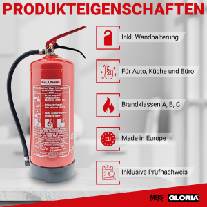 Gloria PD6GA – Dauerdruck-Pulverfeuerlöscher (ABC) mit Wandhalterung, einsetzbar an elektrischen Anlagen, frostsicher, EN3, 6 kg, 10LE
